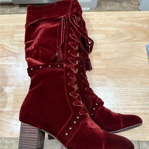 Joyfolie Velvet Lace-Up Boots in Deep Red